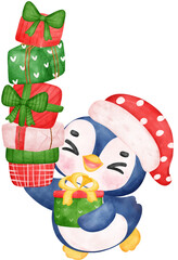 Cute adorable baby joyful penguin holding stack of christmas present gift boxes cartoon character watercolor hand drawing 