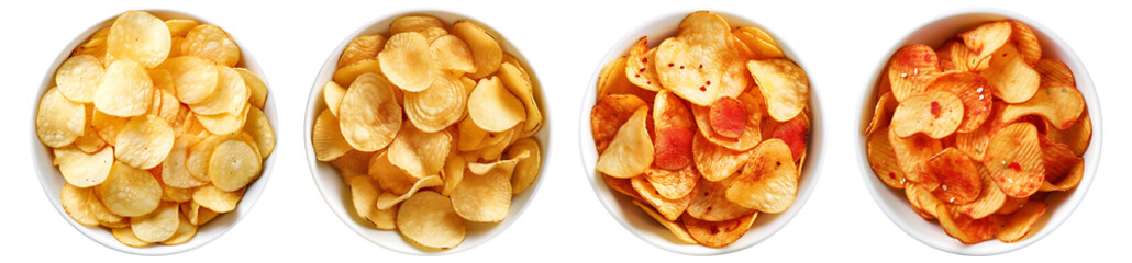 Potato chips on white bowl, top view with transparent background, Generative AI Technology