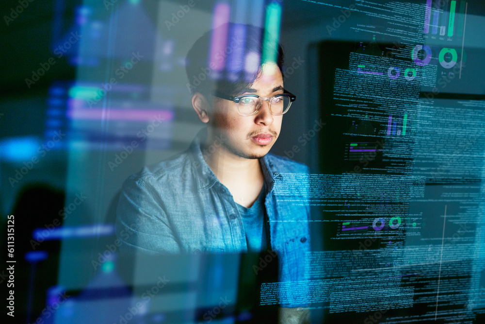 Poster Night, code and hologram with man in office for programming, future and software development. Big data, networking and technology with male developer for cloud computing, programmer and coding