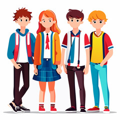 Fototapeta premium Vector illustration of a group of teenagers in school uniform standing together.