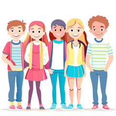Obraz premium Group of children, boys and girls standing together in casual clothes. Vector illustration.