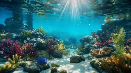 Fototapeta na wymiar underwater in ocean scuba diving ,sea plant and fish,generated ai
