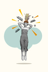 Minimal artwork poster banner pinup pop retro collage of surprised girl wow omg impressed special offer sale isolated on drawing background