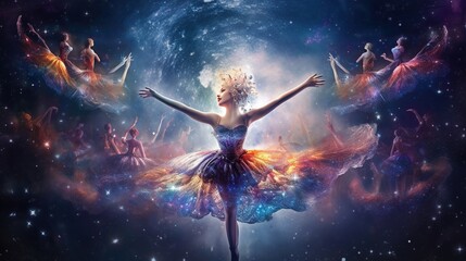 Obraz premium figure of a ballerina among the starry sky. Dancing Among the fire galaxy and stars. Generative AI