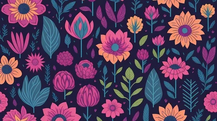 Fotobehang Colorful seamless floral pattern with black background. Best quality generative ai © Zandhira