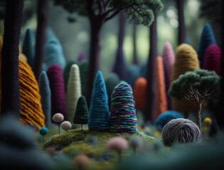 Multicolored forest made by wool yarn fabrics Created with Generative AI technology