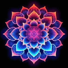 Mandala bright neon colors floral pattern isolated on black. Generative AI