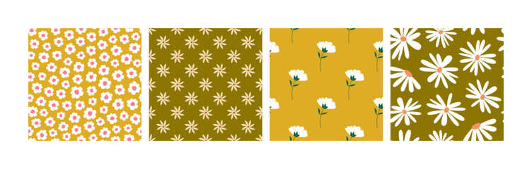 Fototapeta na wymiar Set of 70s retro groovy floral seamless patterns. Summer camomiles. Floral nostalgia background. Modern botanicals. Vintage digital paper.