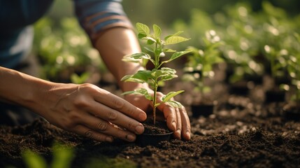 A man plants trees in a square in a community garden, promoting local food production and habitat restoration, the concept of sustainable development and community engagement. Generative AI