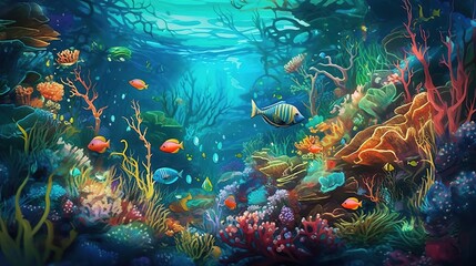 Fototapeta na wymiar Bright underwater world. Underwater with coral reef and colorful fish. Generative ai.