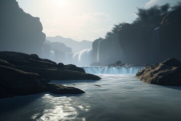 Fototapeta na wymiar A minimalist landscape with a scenic waterfall or river rapids, Generative AI