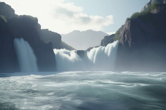 A minimalist landscape with a scenic waterfall or river rapids, Generative AI