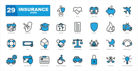 Vector set of insurance icons. Outline icon set, vector, simple thin line icons collection