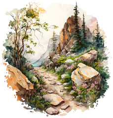 Watercolor landscape mountains with stones and path