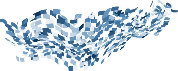 Scattered square particles ornament. Mosaic flight wind. Windy destroyed cell wall. Flight colored tiles flock direction stream.Leaf fall conditional parts single whole. Crash curved surface.