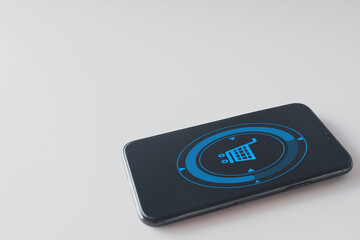 Online Business Shopping,E-commerce,Digital Marketing Online,Delivery Service concept.,Shopping Cart icon on smartphone over white background use for technology,business idea.