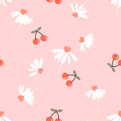 Seamless pattern of daisy flower, cherry fruit and green leaves on pink background vector illustration.