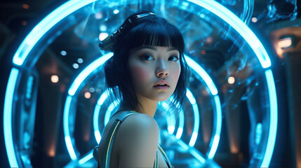 Asian Woman Walking Inside a Video Game Blue Tunnel Cyberpunk Generative AI Photo