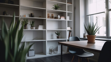 A Professional Looking Office Space With Book Shelves and Plants Generative AI Photo
