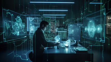 The Futuristic Lab: A Scientist at Work, Enveloped by Computer Screens and Groundbreaking Research Generative AI Photo