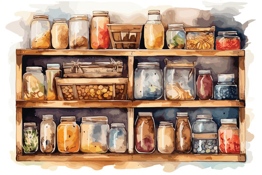 Pantry or food storage unit watercolor white background.