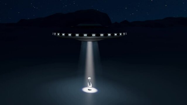 Alien with big eyes in a blue fog. Dish flying and takes alien inside
Moving slow. 3D render animation 