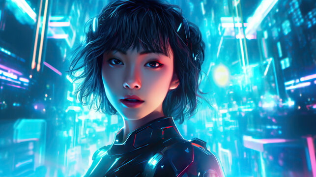 Fototapeta Young Asian Woman Inside a Computer Video Game Hologram Technology Generative AI Art Illustration