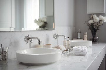 Fototapeta na wymiar Empty space on a luxury white tabletop in a luxury white bathroom with double sink. generative AI