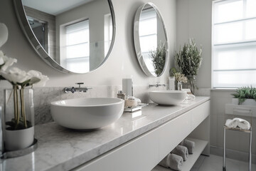 Fototapeta na wymiar Empty space on a luxury white tabletop in a luxury white bathroom with double sink. generative AI