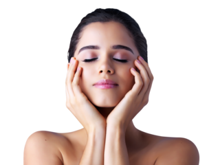 Calm woman, face and makeup for skincare or natural beauty cosmetics isolated on a transparent PNG background. Attractive female person or young model relax for facial treatment and perfect skin