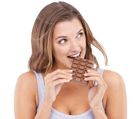 Isolated young woman, chocolate and think with diet, health and wellness by transparent png...