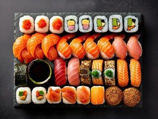 A large set of sushi and rolls on a dark background with spices. Created by AI.