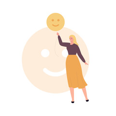 Soft skill for business concept collection. Vector flat character illustration. Emotional intelligence and social media marketing. Woman hold smile emoji in hand. Design for corporate training