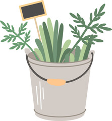 Metal garden bucket with grass and plants and a wooden sign on a white background. Flat gardening  drawing.