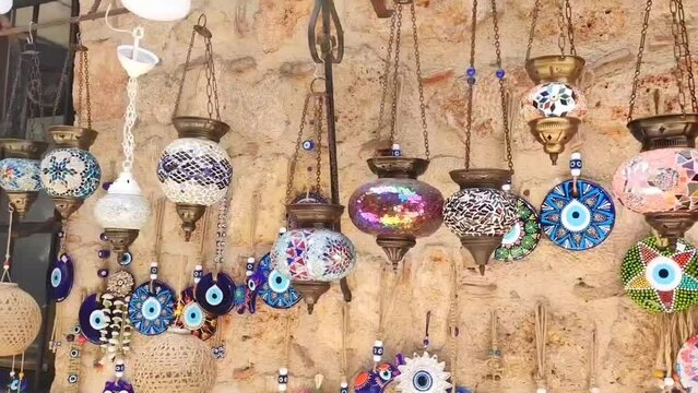 Antalya, Turkey, May 25, 2023. Traditional Arabic Turkish decorative multicolored lamps with Oriental ornaments