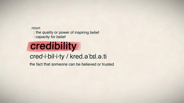 The Word Credibility Red Highlighted in a Dictionary Animation
