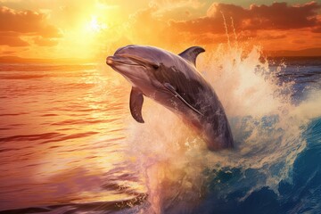 Dolphin jumps out of the water double exposure illustration - Generative AI.