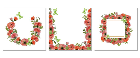 Set of Watercolor card with red poppies. Red poppies and butterfly. Design for invitation, greeting, anniversary and birthdays. Hand drawing. Square frame.