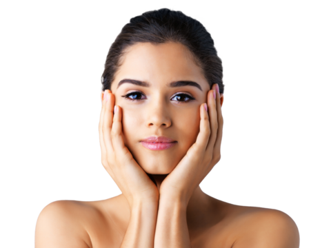 Woman, portrait and hands on face for skincare or natural beauty isolated on a transparent PNG background. Attractive female person or model with makeup cosmetics for facial treatment or body care