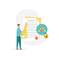 Beautiful home with mortgage application form, loan form. house contract in real estate agent concept. Peren with the key to the house. Vector illustration.
