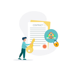 Beautiful home with mortgage application form, loan form. house contract in real estate agent concept. Peren with the key to the house. Vector illustration.
