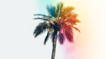 Single palm tree on white background with rainbow color splash