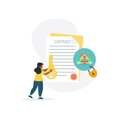 Beautiful home with mortgage application form, loan form. house contract in real estate agent concept. Girl with a house key. Vector illustration.
