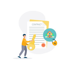 Beautiful home with mortgage application form, loan form. house contract in real estate agent concept. Peren with the key to the house. Vector illustration.
