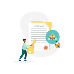 Beautiful home with mortgage application form, loan form. house contract in real estate agent concept. Peren with the key to the house. Vector illustration.
