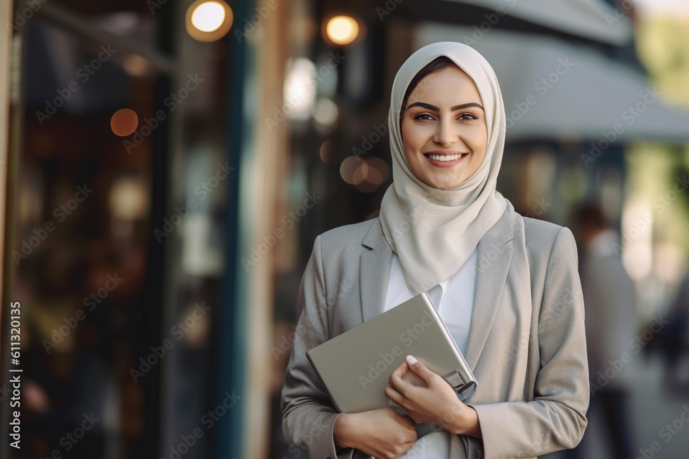 Wall mural a woman of turkish appearance in a light - colored business suit, smiling, holding a folder in her h