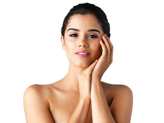 Natural, portrait or facial beauty of girl with dermatology skincare isolated on transparent png...