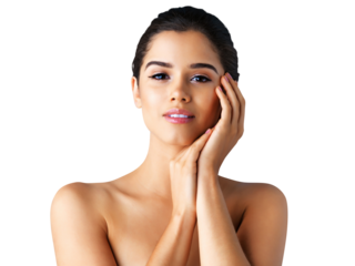 Natural, portrait or facial beauty of girl with dermatology skincare isolated on transparent png background. Face, woman or beautiful female person with self care, glow or cosmetics for grooming