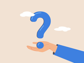 Difficult question concept. Big question mark or big problem to solve or finding solution, doubt or uncertainty, thinking to make decision, businessman holds up big question mark.