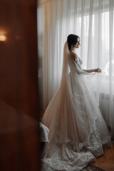 A brunette bride in a white dress and a long veil poses standing by the window. Beautiful hands. French manicure. Beautiful hair and makeup. Daylight